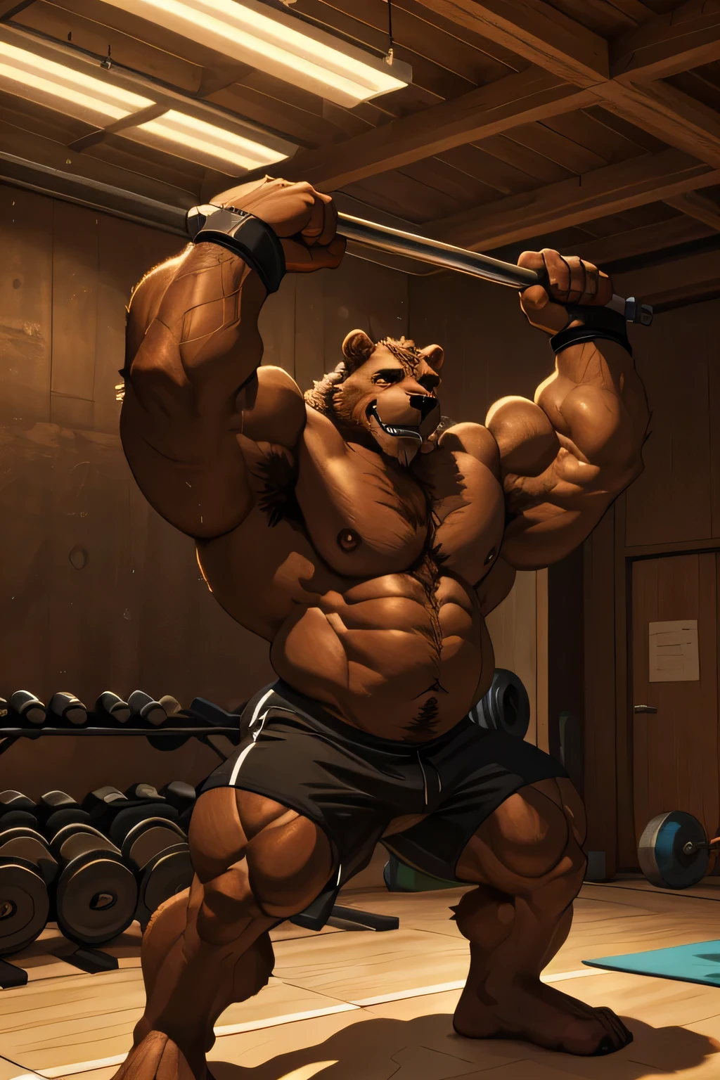 (best quality, 4k, highres, masterpiece:1.2), ultra-detailed, fury, furry art (realistic, photorealistic, photo-realistic:1.37), massive muscular, huge muscular, chubby Grizzly bear, working out, bench pressing in the gym, pumping his huge pectoral muscles, sweating, black shorts and black wristbands, lifting heaviest weights, barbells, gym equipments, brown hair, thick brown fur, super thick arms, super big pectoral, super wide hairy pectoral, topless, shirtless, eyebrows, impressive brown beard, strong jawline, kind eyes, strong arms, proud posture, well-built physique, professional lighting and backdrop, intense shadows, vibrant colors, dramatic composition, gritty texture, vintage aesthetic, dynamic perspective. Add textures and details to make the image more realistic, such as the appearance of the body built muscles texture and the appearance of the brown fur, 