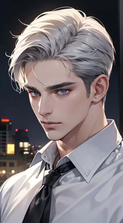 (best quality, masterpiece, 8K, photorealistic, cinematic lighting, hdr image, ultra detailed, beautiful image), 1 man, 31 years old, mature man, very handsome, (without expression, serious), short white hair, blue grey eyes ( penetrating gaze), perfect face without errors, imposing posture, without errors, businessman, office background