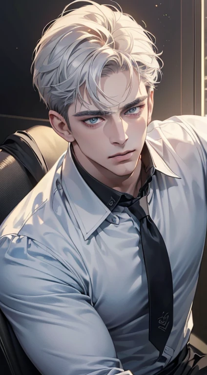 (best quality, masterpiece, 8K, photorealistic, cinematic lighting, hdr image, ultra detailed, beautiful image), 1 man, 31 years old, mature man, very handsome, (without expression, serious), short white hair, blue grey eyes ( penetrating gaze), perfect face without errors, imposing posture, without errors, businessman, office background