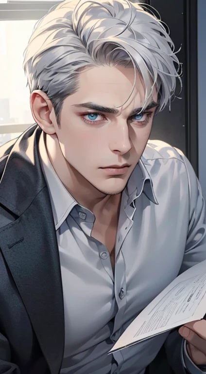 (best quality, masterpiece, 8K, photorealistic, cinematic lighting, hdr image, ultra detailed, beautiful image), 1 man, 31 years old, mature man, very handsome, (without expression, serious), short white hair, blue grey eyes ( penetrating gaze), perfect face without errors, imposing posture, without errors, businessman, office background