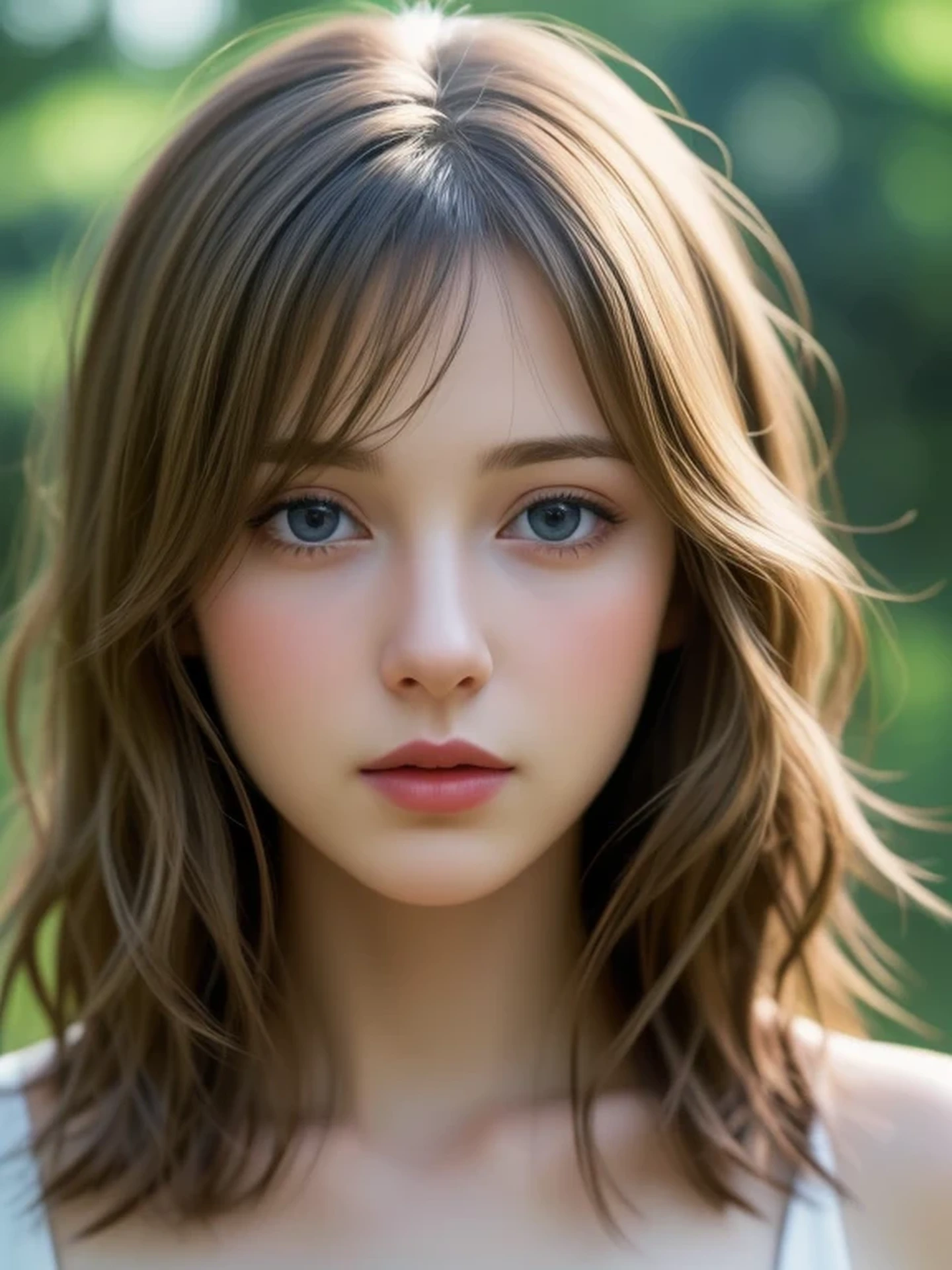 (looking away:1.4), (upper body shot:1.2), Realistic digital painting of a woman portrait, Shy,  Cute, open mouth to say something, sad, blue eyes,  (Wavy medium Hair:1.1), (light brown brunette hair:1.3), (Highly detailed skin:1.2), Mystical style, Global Illumination,