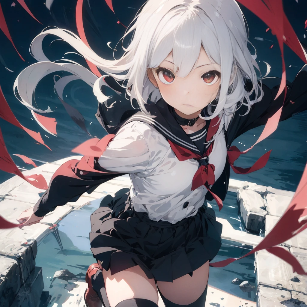 (((1girl)))、(Masterpiece, highest quality、The best dynamic composition、Official Art),(Detailed Hair), Super detailed, Anime Style, whole body, High school girls、Wearing a black sailor suit、Milky white hair with red inner color、short hair、Red eyes、 Wearing long boots, Digital Painting, 8K High Resolution, whole body, White Background, Dynamic pose、Standing on the desolate land、Large Blade、Vampire Hunter、Dynamic composition、Reaper's Scythe、