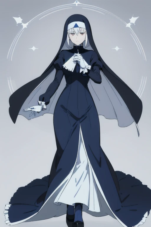 Mature women, nun, blue nun outfit, puffy sleeves, blue cape ,blue long skirt, white gloves, long deep black veil, vail cover her face,(look at viewer) ,no face detail, vail covered face, (perfect skin),(no emotion ), anime, (full body) 