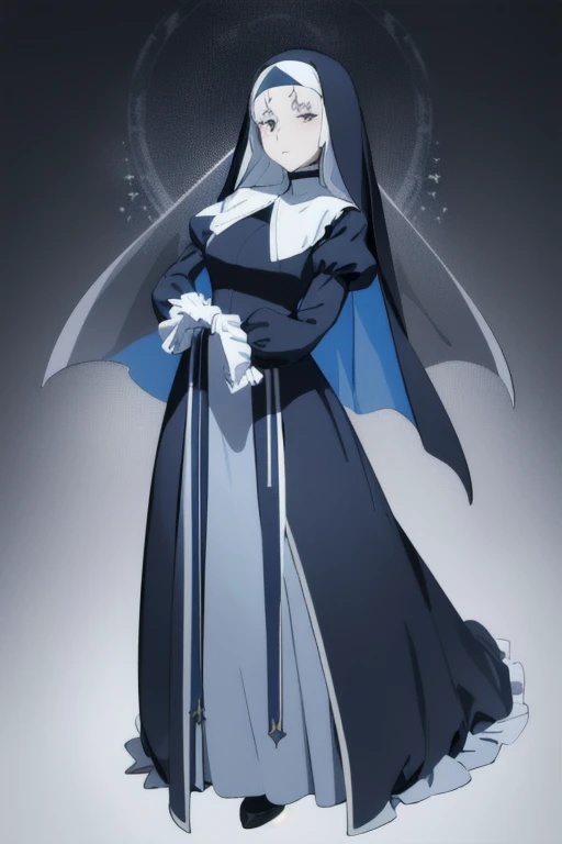 Mature women, nun, blue nun outfit, puffy sleeves, blue cape ,blue long skirt, white gloves, long deep black veil, vail cover her face,(look at viewer) ,no face detail, vail covered face, (perfect skin),(no emotion ), anime, (full body)
