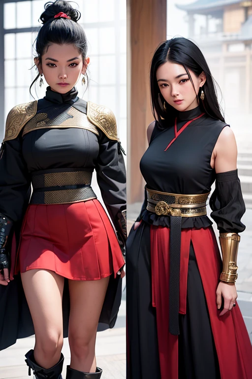 a very beautiful ninja dressed in a red skirt with gold details vs a beautiful samurai dressed in black with gold details,background of a japanese palace, cinematic realism, tonos oscuros, hiperrealismo, photo, cinematic, poster, dark fantasy 