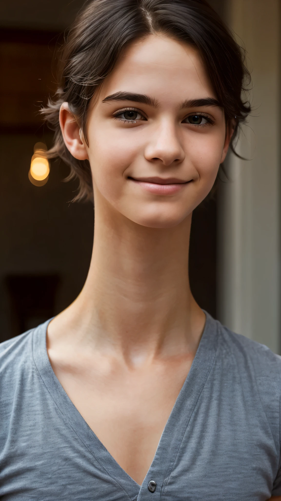 (ultra detailed, hyperrealistic, best quality:1.4), an 18 yo. boy with thick fluffy black hair, bedhead, small smile, (longneck:1.4), soft lighting