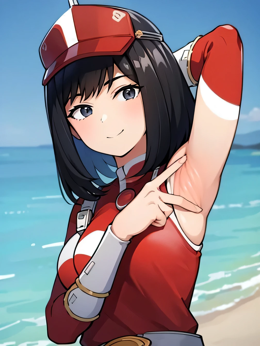 1girl, alone, yui kodai, medium hair, black eyes, smiling, closed mouth, best quality, (peak cap: 1.2), (red and white jumpsuit: 1.2), sleeves long, belt, (red and white pants: 1.2), (white sneakers: 1.2), large breasts, medium waist, anime, closed mouth, solo, portrait, upper body, night sky, beach, arms behind head, contrapposto, shy smile, spread armpits, best quality, looking at viewer, expressionless,