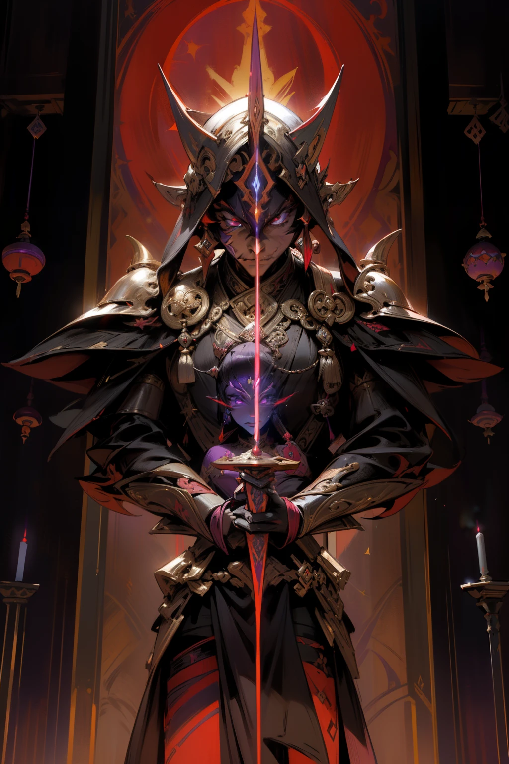Indonesian Sith Lord (Star Wars), Traditional Temple Setting (Javanese architecture), Lightsaber (double-bladed, red-tinted), Shadowy Surroundings, Unveiling, Ancient Scriptures, Royal Attire (black, purple, and gold), Majestic Presence, Imperial Aura, Epic Reveal, Mystical Energy.