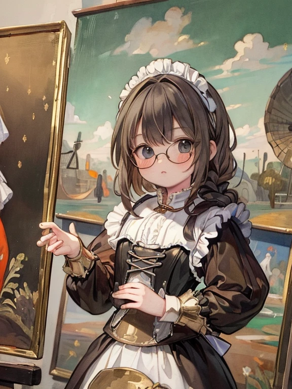 8k, (Dutch Golden Age painting:1.8), 9-year-old girl, black eye, Glasses, Black Hair, Long Hair, Braid, Black maid outfit