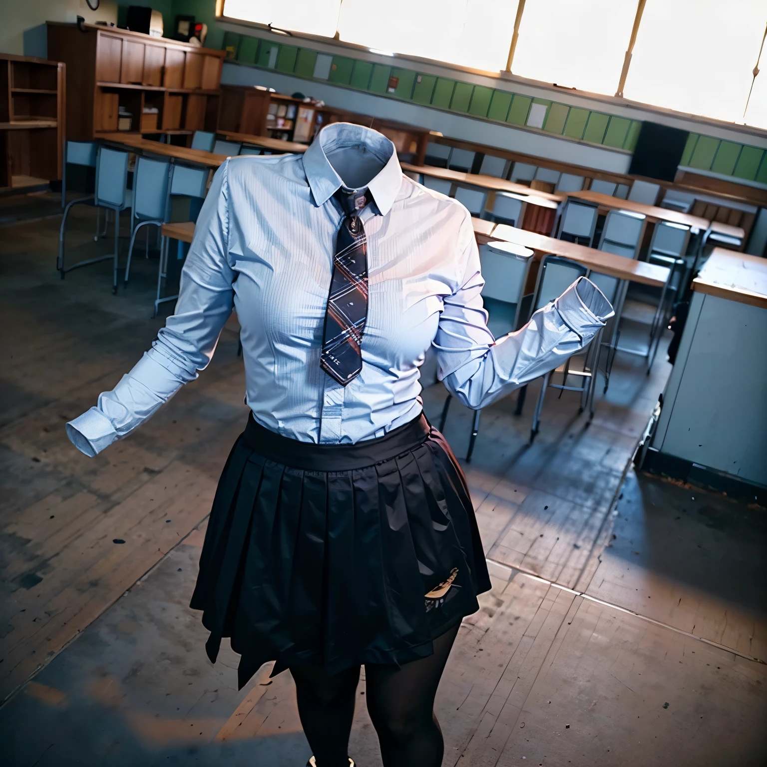 school blouse, plaid skirt, stripe tie on neck, in classroom, black leggings, from above, cute big breasts, (invisible, no human, headless, handless:1.5), (8k, RAW photo, best quality, masterpiece:1.2), (realistic, photo-realistic:1.37), photon mapping, radiosity, ((Hasselblad photography)), physically-based rendering
