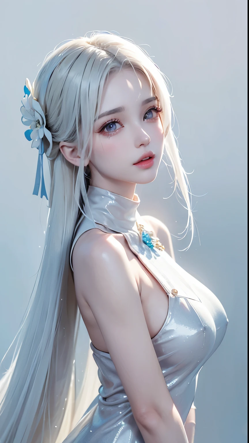 ((Bust up picture))((masterpiece:1.5、8k、Portraiture、Photorealistic and very detailed CG、Very detailed、Particle Effects、Dynamic Effects、Written boundary depth、Cinematic Light、Lens flare、Ray Tracing、Tabletop、Realistic:1.4、超A high resolution:1.2、Realistic、Realistic))((alone、,Woman in turtleneck dress:1.4、Model-like pose:、sideboob、Ample breasts、Detailed face、Bright expression、young, Brighter, Whiter skin、Best Looks、Ultimate beauty、White hair with shiny highlights:1.8、bright and shiny hair,、Super long, Silky straight hair、Hair swaying in the wind))(Fantastic transparent flower々Surrounded by、White Background、Great background、Thin petals fluttering down)