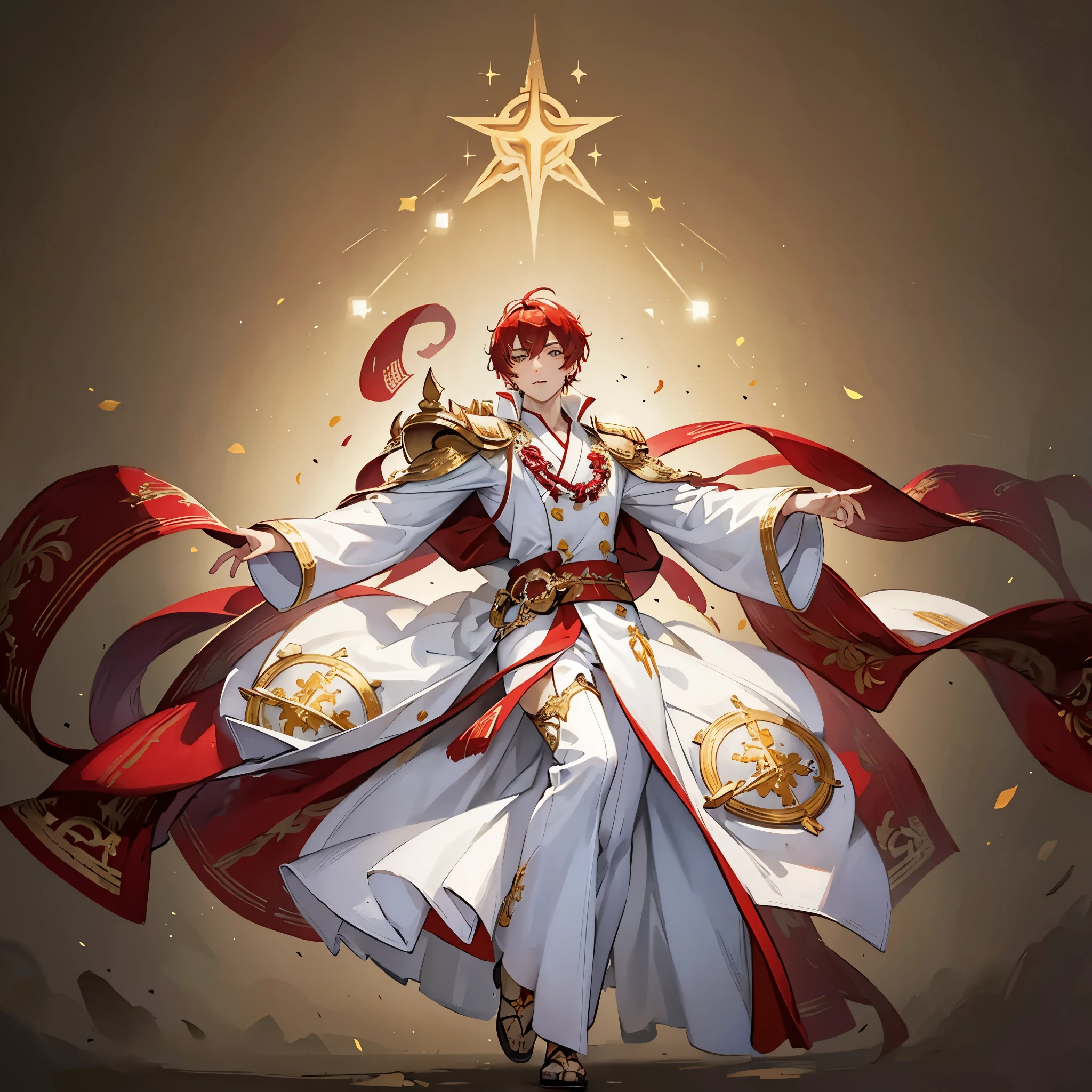 male，Vulcan,White robe with gold pattern，White clothes with gold trim，Red Hair，Three Kingdoms，immortal，White background