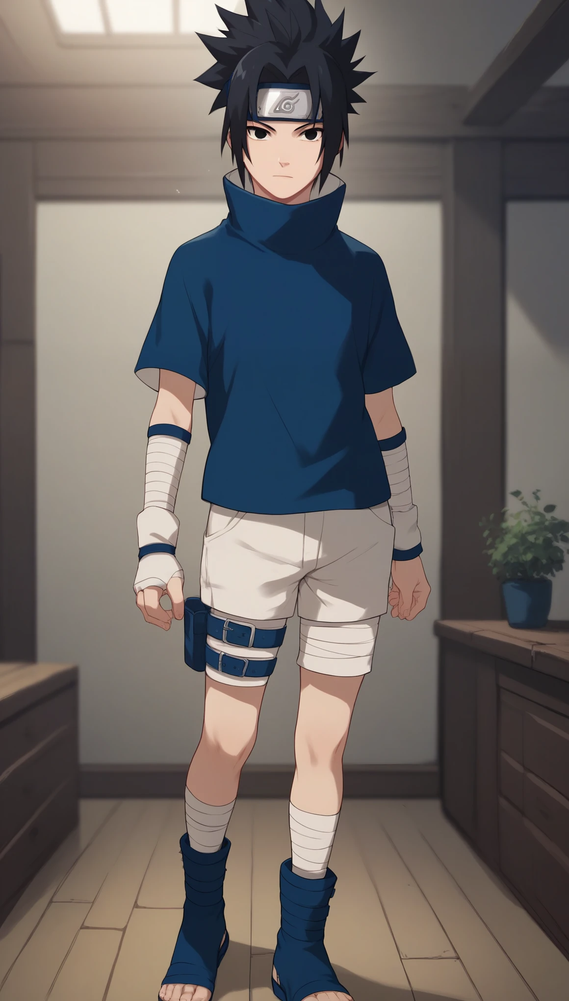 score_9, score_8_up, score_7_up, score_6_up, score_5_up, score_4_up, SasukeGEXL, black eyes, black hair, short hair, spiked hair, parted bangs, forehead protector, high collar, blue shirt, short sleeves, detached sleeves, white shorts, blue footwear, legs bandages, toeless footwear, (solo), standing, looking at viewer, indoors