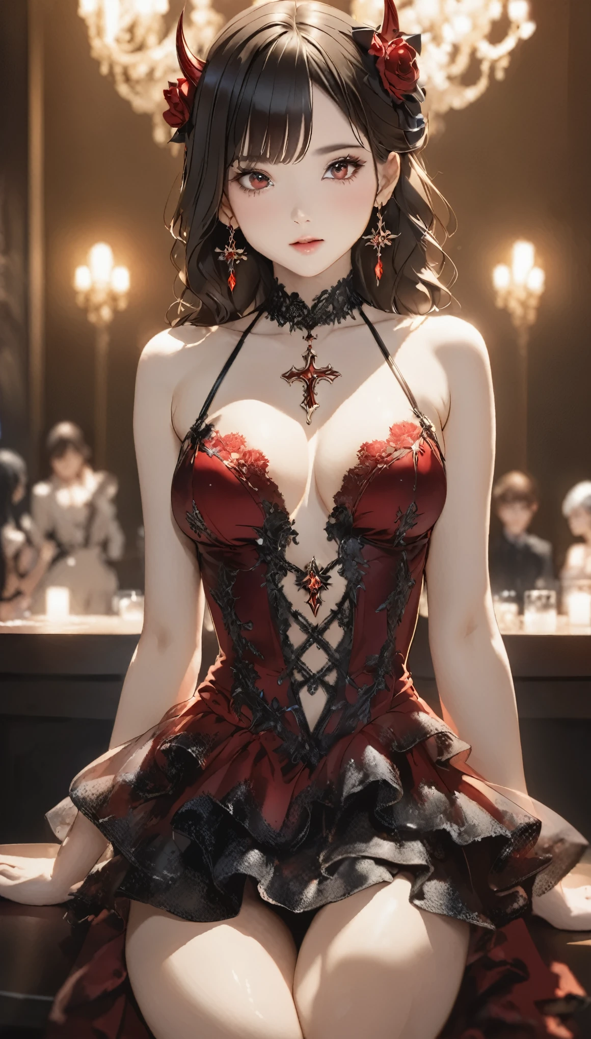 Satanic、Wearing sexy clothes、Red eyes、Wearing a black aura、Staring at the audience、Best Images、Tabletop、Cross Earrings、Beautiful woman、Sexy Dress、