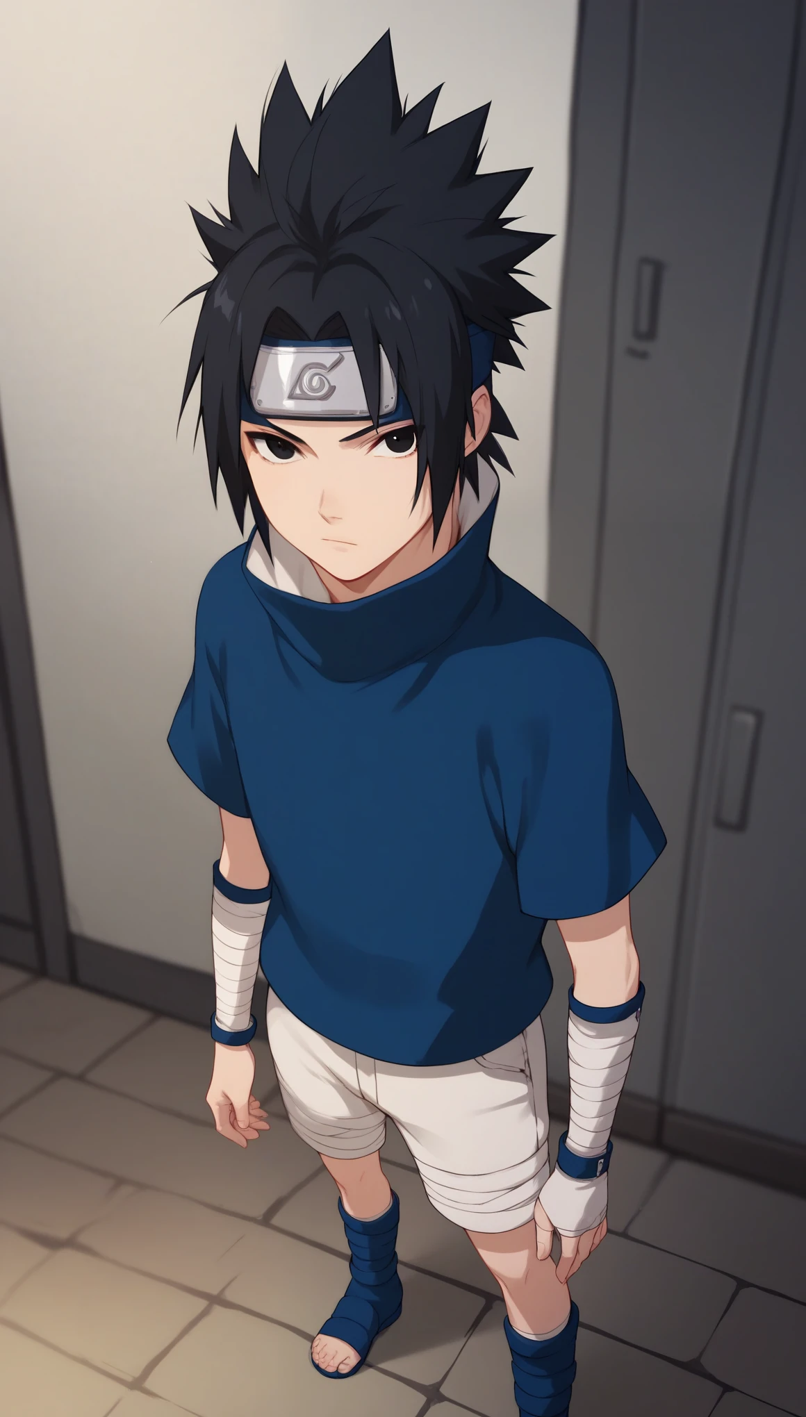 score_9, score_8_up, score_7_up, score_6_up, score_5_up, score_4_up, SasukeGEXL, black eyes, black hair, short hair, spiked hair, parted bangs, forehead protector, high collar, blue shirt, short sleeves, detached sleeves, white shorts, blue footwear, legs bandages, toeless footwear, (solo), standing, looking at viewer, indoors