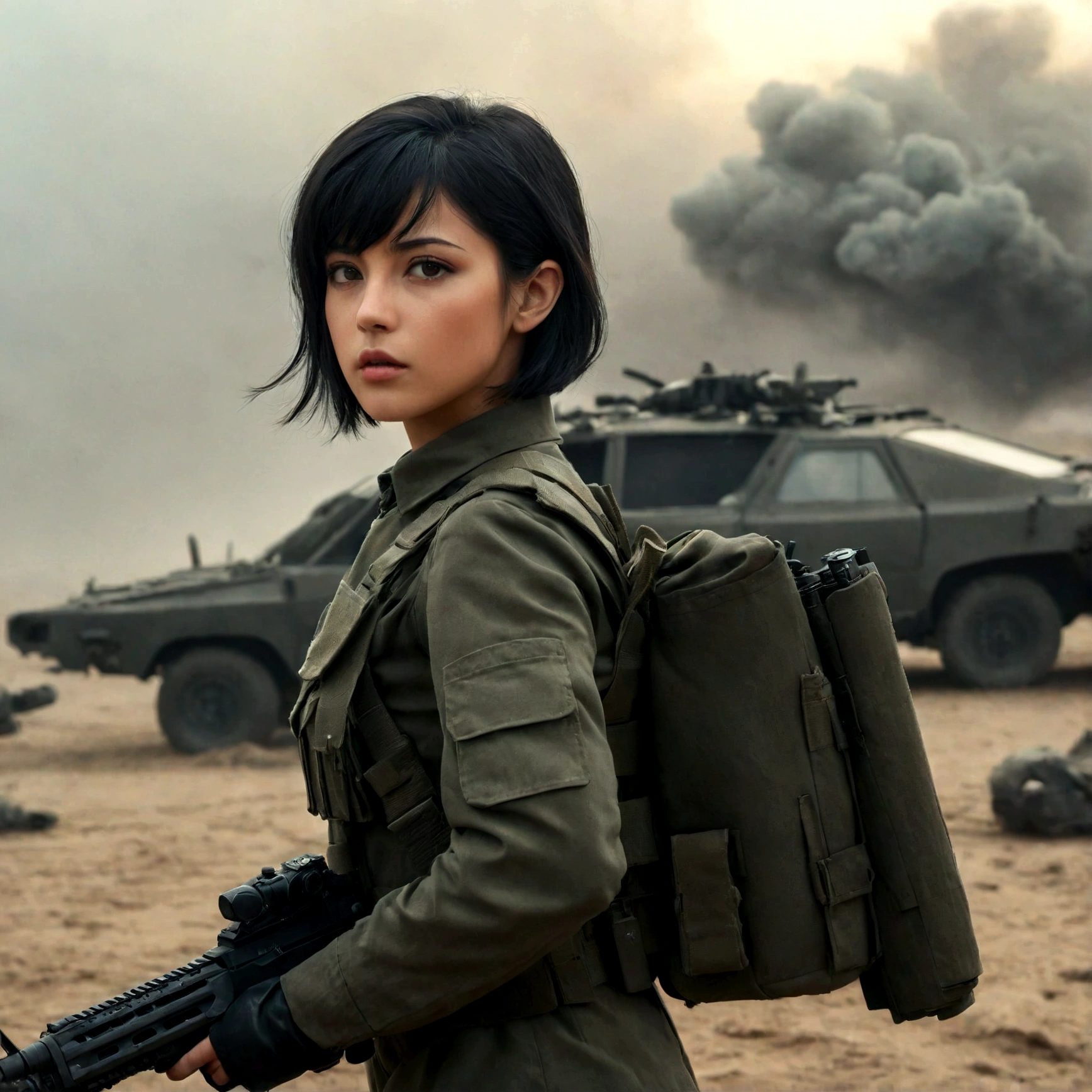 Hyper-Realistic photo of a beautiful soldier girl in a battle field,20yo,1girl,solo,holding AR-15 rifle,detailed exquisite face,short black hair,perfect female form,model body,mesmerizing,looking at viewer,Sean Young \(in Blade Runner\) lookalike,form-fitting military suit BREAK backdrop:battle field,fog,smoke,wreck,stone,sand,wind,flame,explosion,helicopter,vehicle,sky,cloud,cluttered maximalism BREAK settings: (rule of thirds1.3),perfect composition,studio photo,trending on artstation,depth of perspective,(Masterpiece,Best quality,32k,UHD:1.4),(sharp focus,high contrast,HDR,hyper-detailed,intricate details,ultra-realistic,kodachrome 800:1.3),(chiaroscuro lighting:1.3),by Karol Bak,Alessandro Pautasso and Hayao Miyazaki,photo_b00ster,real_booster,art_booster