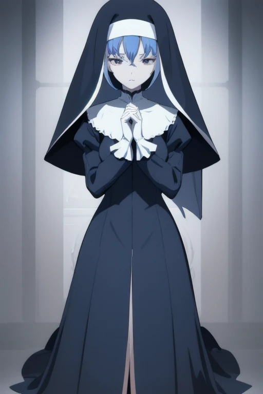 Mature women, nun, blue nun outfit, puffy sleeves, blue cape ,blue long skirt, long sleeves, sleeves cover her hands, long deep black veil, vail cover her face,(look at viewer) ,no face detail, vail covered face, (perfect skin),(no emotion ), anime, (full body) 