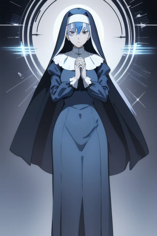 Mature women, nun, blue nun outfit, puffy sleeves, blue cape ,blue long skirt, long sleeves, sleeves cover her hands, long deep black veil, vail cover her face,(look at viewer) ,no face detail, vail covered face, (perfect skin),(no emotion ), anime, (full body)