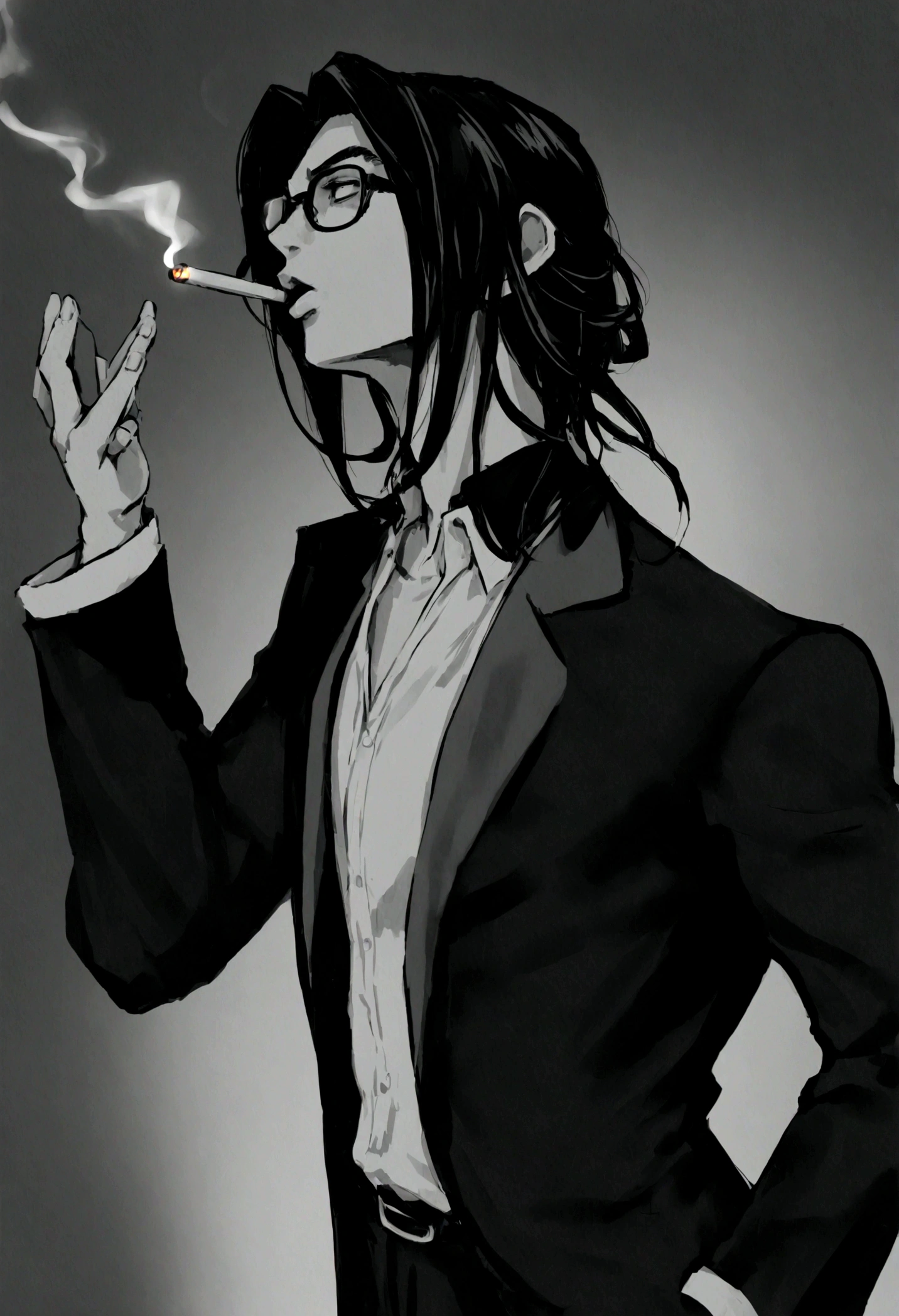 villano, animado, a young man in glasses smoking a cigarette in a dark room, estilo manga en blanco y negro, el esta fumando un cigarrillo, fumando un porro, dramatic smoking pose