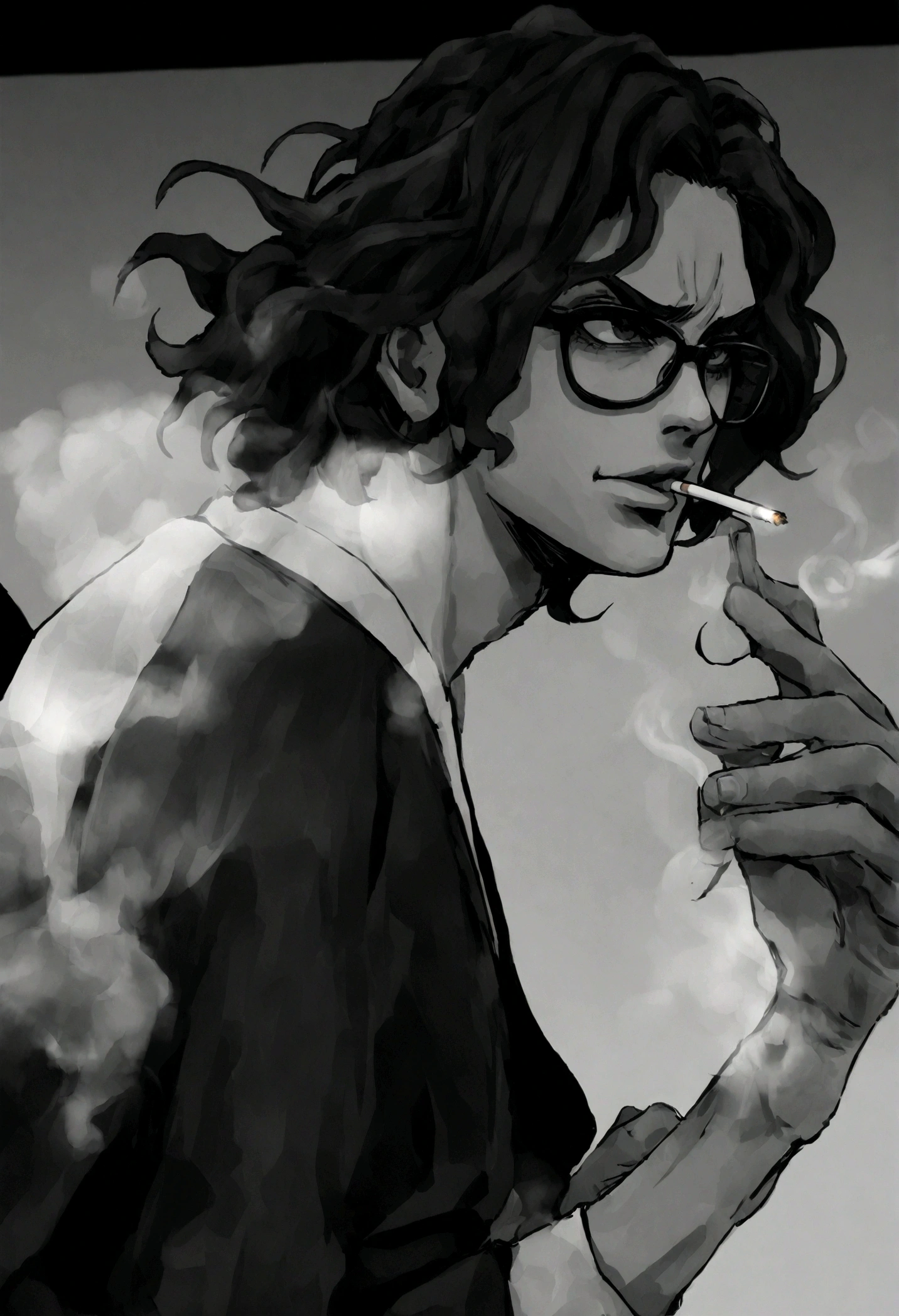 villano, animado, a young man in glasses smoking a cigarette in a dark room, estilo manga en blanco y negro, el esta fumando un cigarrillo, fumando un porro, dramatic smoking pose