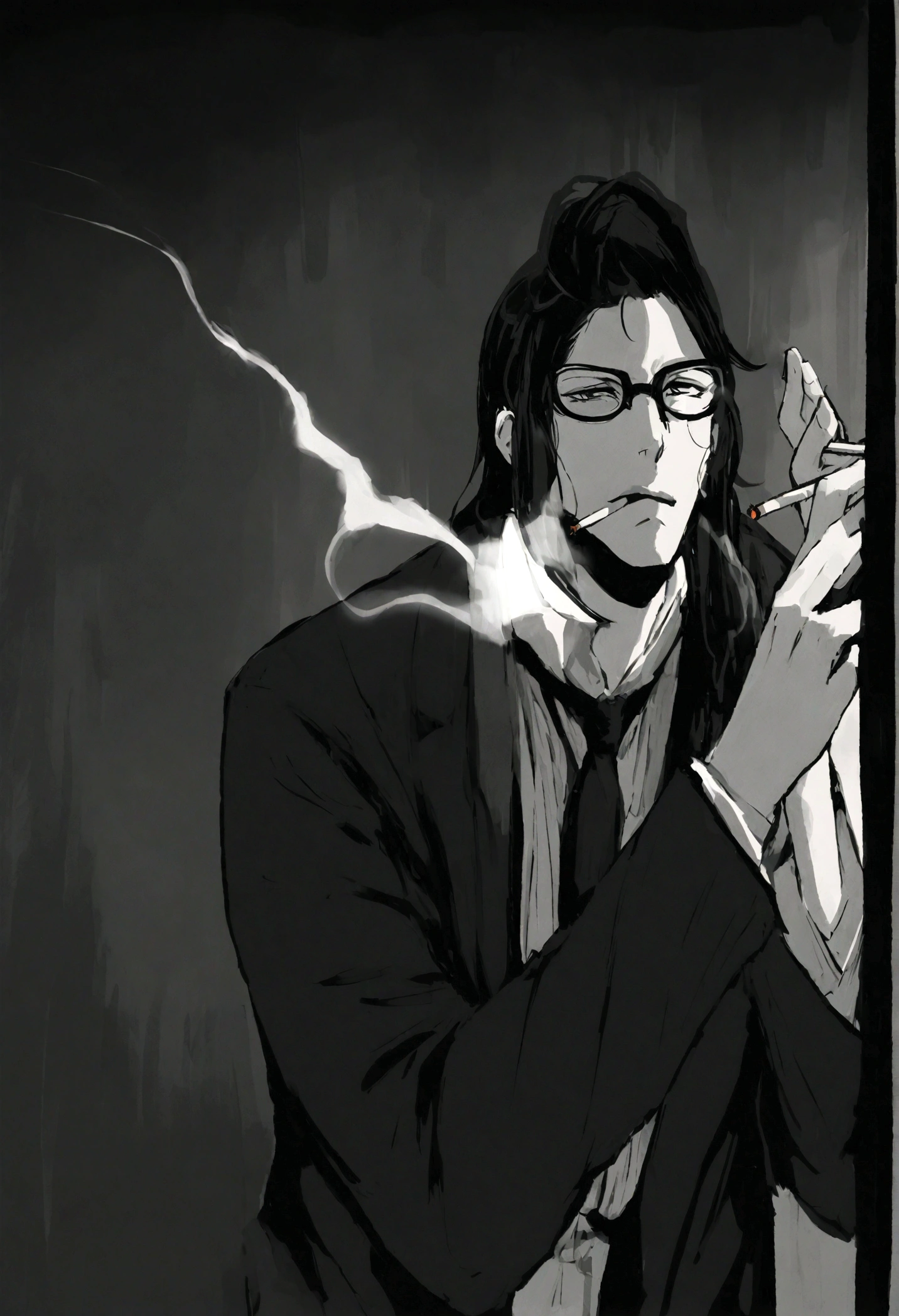 villano, animado, a young man in glasses smoking a cigarette in a dark room, estilo manga en blanco y negro, el esta fumando un cigarrillo, fumando un porro, dramatic smoking pose
