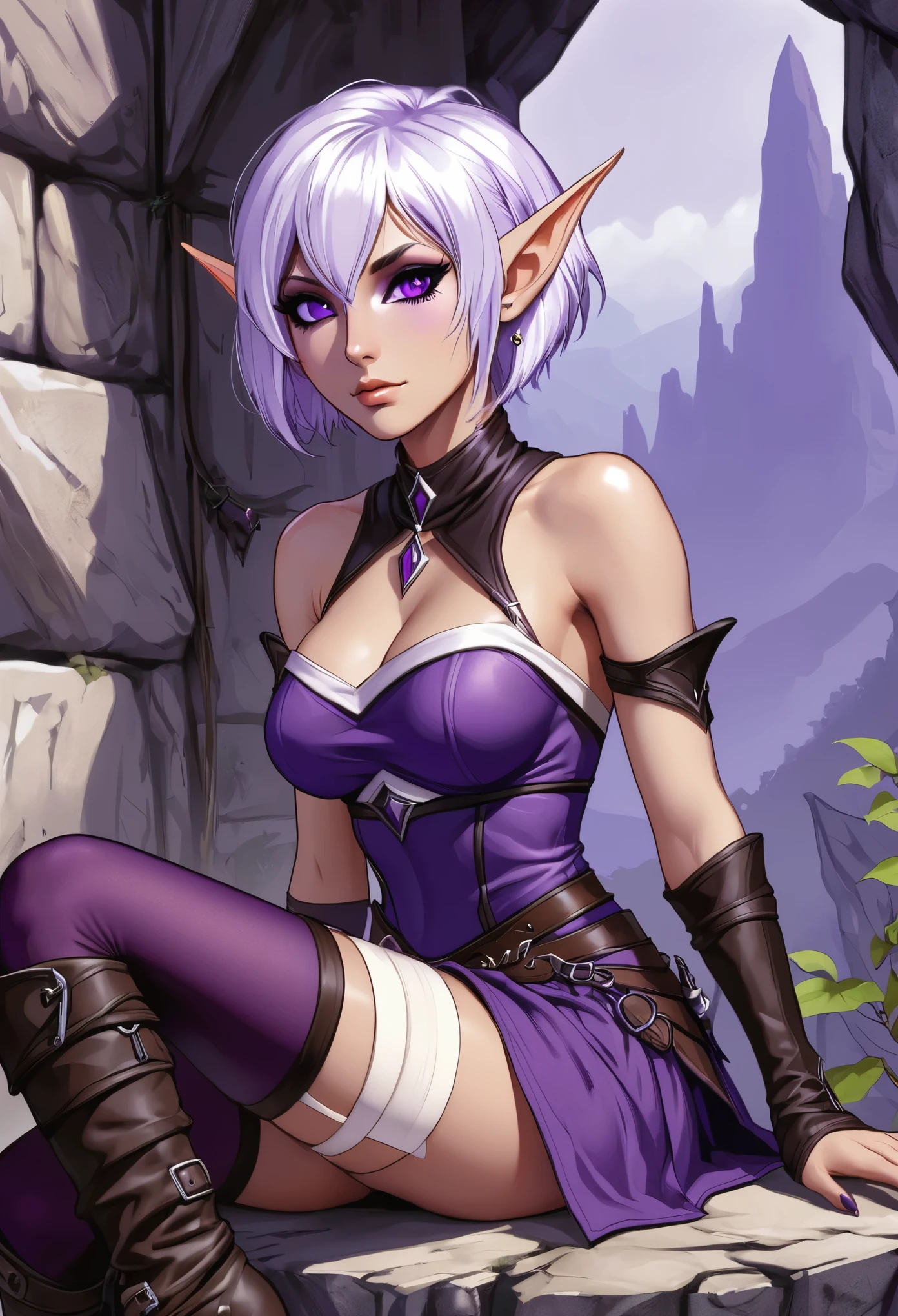 Climbing,1girl,bandages,bare shoulders,boots,breasts,colored skin,dark elf,elf,jewelry,medium breasts,pointy ears,purple eyes,purple skin,purple skirt,short hair,sideboob,sitting,solo,thighhighs,white hair
