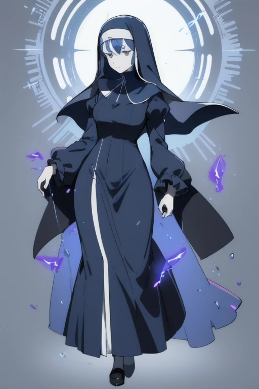 Mature women, nun, blue nun outfit, puffy sleeves, blue cape ,blue long skirt, long sleeves, sleeves cover her hands, long deep black veil, vail cover her face,(look at viewer) ,no face detail, vail covered face, (perfect skin),(no emotion ), anime, (full body) 