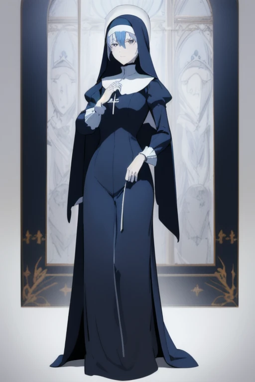 Mature women, nun, blue nun outfit, puffy sleeves, blue cape ,blue long skirt, long sleeves, sleeves cover her hands, long deep black veil, vail cover her face,(look at viewer) ,no face detail, vail covered face, (perfect skin),(no emotion ), anime, (full body) 