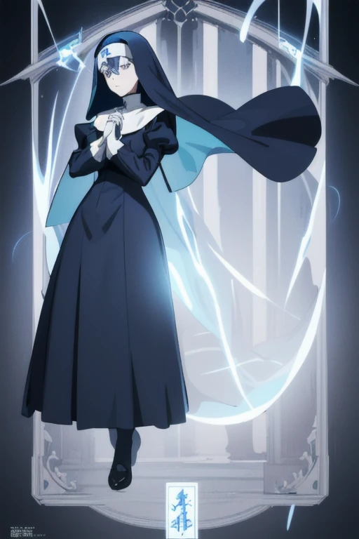 Mature women, nun, blue nun outfit, puffy sleeves, blue cape ,blue long skirt, long sleeves, sleeves cover her hands, long deep black veil, vail cover her face,(look at viewer) ,no face detail, vail covered face, (perfect skin),(no emotion ), anime, (full body) 