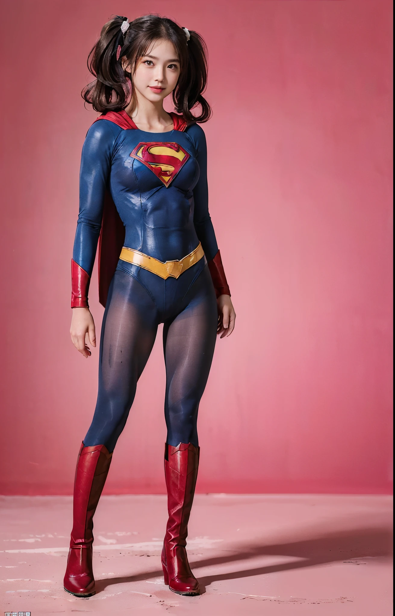 No background、(((Beautiful legs in black tights.)))、(((Legally express the beauty of your smile)))、((((Make the most of your original images)))、(((体にぴったりフィットするSupergirl Costume)))、(((Supergirl Costume)))、(((Beautiful hair with twin tails)))、(((suffering)))、(((Please wear black tights....、Wear red boots)))、((Best image quality、8k))、((highest quality、8k、masterpiece:1.3))、(((Preserve background )))、Sharp focus:1.2、Beautiful woman with perfect figure:1.4、Slim Abs:1.2、Wet body:1.5、Highly detailed face and skin texture、8k