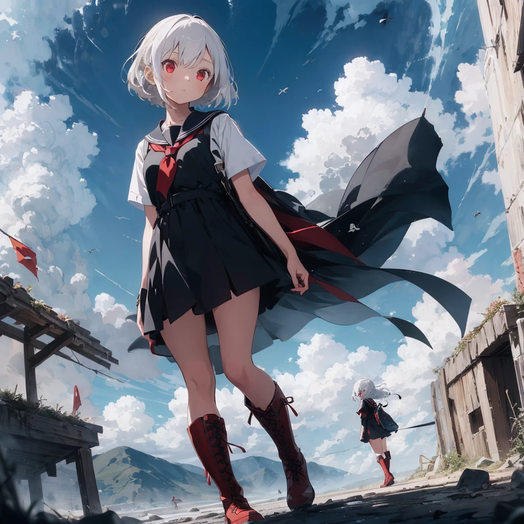 (((1girl)))、(Masterpiece, highest quality、The best dynamic composition、Official Art、ultra detailed),(Detailed Hair), Super detailed, Anime Style, whole body, High school girls、Wearing a black sailor suit、Milky white hair with red inner color、short hair、Red eyes、 Wearing long boots, Digital Painting, 8K High Resolution, whole body, White Background, Dynamic pose、Standing on the desolate land、Large Blade、Vampire Hunter、Dynamic composition、Reaper's Scythe、