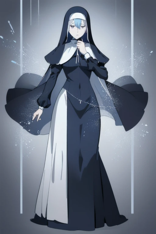 Mature women, nun, blue nun outfit, puffy sleeves, blue cape ,blue long skirt, long sleeves, sleeves cover her hands, long deep black veil, vail cover her face,(look at viewer) ,no face detail, vail covered face, (perfect skin),(no emotion ), anime, (full body) 