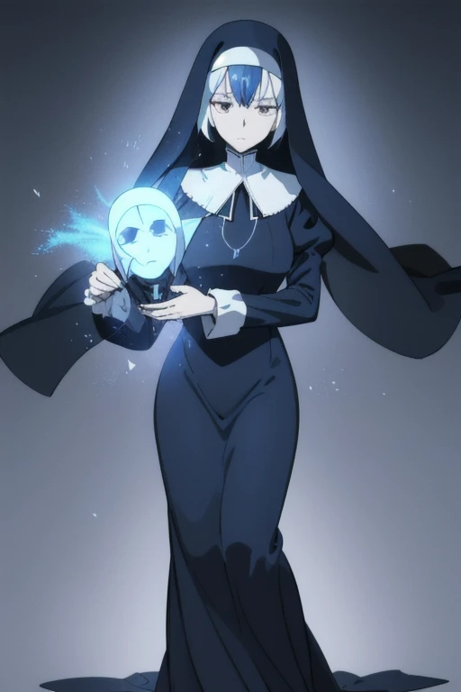 Mature women, nun, blue nun outfit, puffy sleeves, blue cape ,blue long skirt, long sleeves, sleeves cover her hands, long deep black veil, vail cover her face,(look at viewer) ,no face detail, vail covered face, (perfect skin),(no emotion ), anime, (full body) 