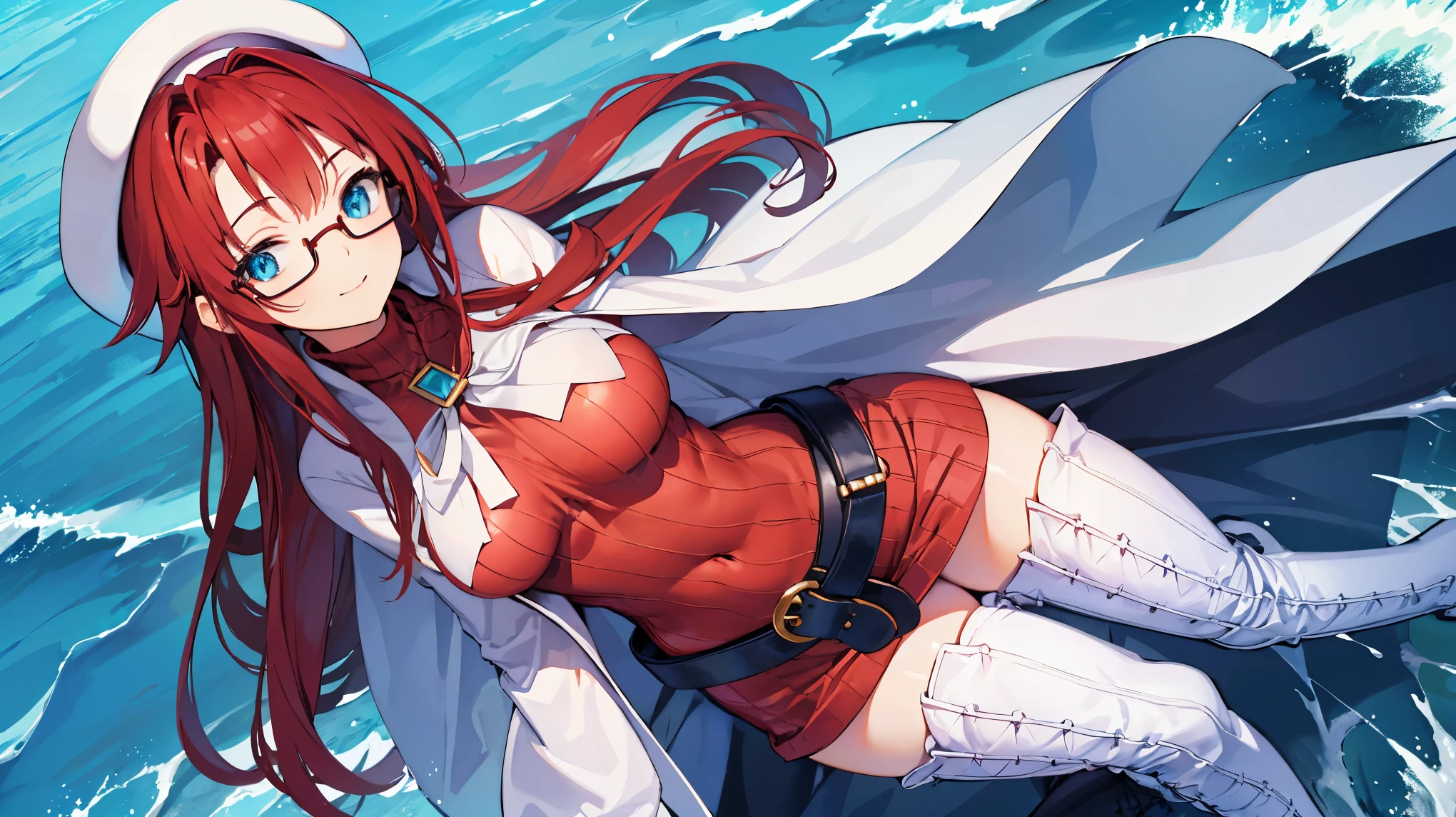 summonnightaty, aty, (young:1.3),long hair, blue eyes, red hair, big_tits, hat, glasses,
BREAK long hair, thighhighs, hat, dress, naked_legs, glasses, belt, cape, sweater, zettai ryouiki, beret, thigh boots, white footwear, ribbed sweater, loose belt,solo,
BREAK outdoors, fantasy,on_beach,
,Highquality_hads,perfect_fingers,
BREAK (masterpiece:1.2), best quality, high resolution, unity 8k wallpaper, (illustration:0.8), (beautiful detailed eyes:1.6), extremely detailed face, perfect lighting, extremely detailed CG, (perfect hands, perfect anatomy),covered_nipples,covered_navel ,half_eyes,long_sword,sleepy,red_sweater,apart_knees,magical_effect,spread_legs, have_a_book,teacher,rise_knee,Smile,rise_hand,look_down_viewer,spread_arms,sea_waves,looking_into,blue_sky,plump,open_mouth, dynamic_posing
