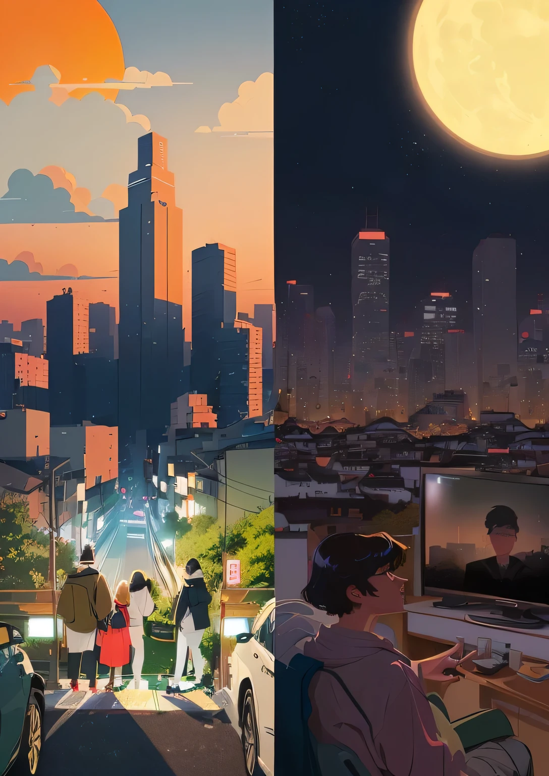 A poster divided into two parts. On the left is a car of people going to work in the morning. ,On the right is a person watching TV at home with his family at night, lo-fi Illustration style, With Artest Guerin (atey ghailan) style, Inspired by Artie Guerin, Detailed 2D illustrations, Illustration style, lofi artstyle, animated illustration style, 4k hd wallpaper illustration, 8k cartoon illustration, 4k hd illustration wallpaper