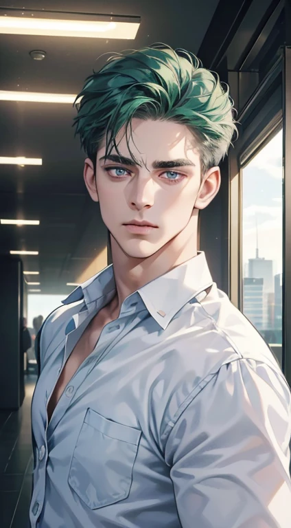 (best quality, masterpiece, 8K, photorealistic, cinematic lighting, hdr image, ultra detailed, beautiful image), 1 man, 31 years old, mature man, very handsome, (without expression, serious), short green hair, blue grey eyes ( penetrating gaze), perfect face without errors, imposing posture, without errors, businessman, office background