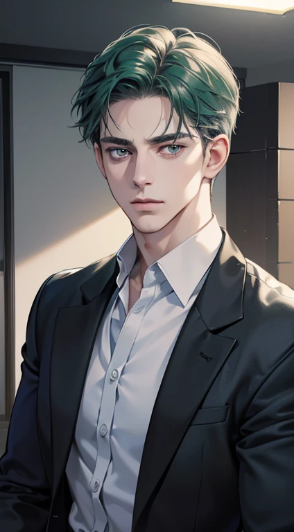 (best quality, masterpiece, 8K, photorealistic, cinematic lighting, hdr image, ultra detailed, beautiful image), 1 man, 31 years old, mature man, very handsome, (without expression, serious), short green hair, blue grey eyes ( penetrating gaze), perfect face without errors, imposing posture, without errors, businessman, office background