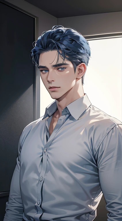 (best quality, masterpiece, 8K, photorealistic, cinematic lighting, hdr image, ultra detailed, beautiful image), 1 man, 31 years old, mature man, very handsome, (without expression, serious), short blue hair, blue grey eyes ( penetrating gaze), perfect face without errors, imposing posture, without errors, businessman, office background