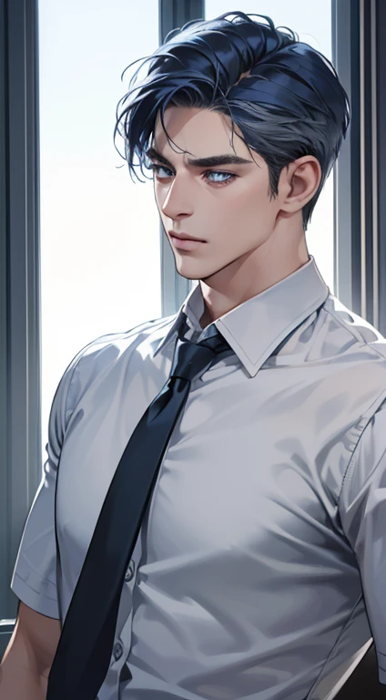 (best quality, masterpiece, 8K, photorealistic, cinematic lighting, hdr image, ultra detailed, beautiful image), 1 man, 31 years old, mature man, very handsome, (without expression, serious), short blue hair, blue grey eyes ( penetrating gaze), perfect face without errors, imposing posture, without errors, businessman, office background