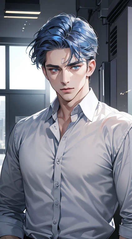 (best quality, masterpiece, 8K, photorealistic, cinematic lighting, hdr image, ultra detailed, beautiful image), 1 man, 31 years old, mature man, very handsome, (without expression, serious), short blue hair, blue grey eyes ( penetrating gaze), perfect face without errors, imposing posture, without errors, businessman, office background