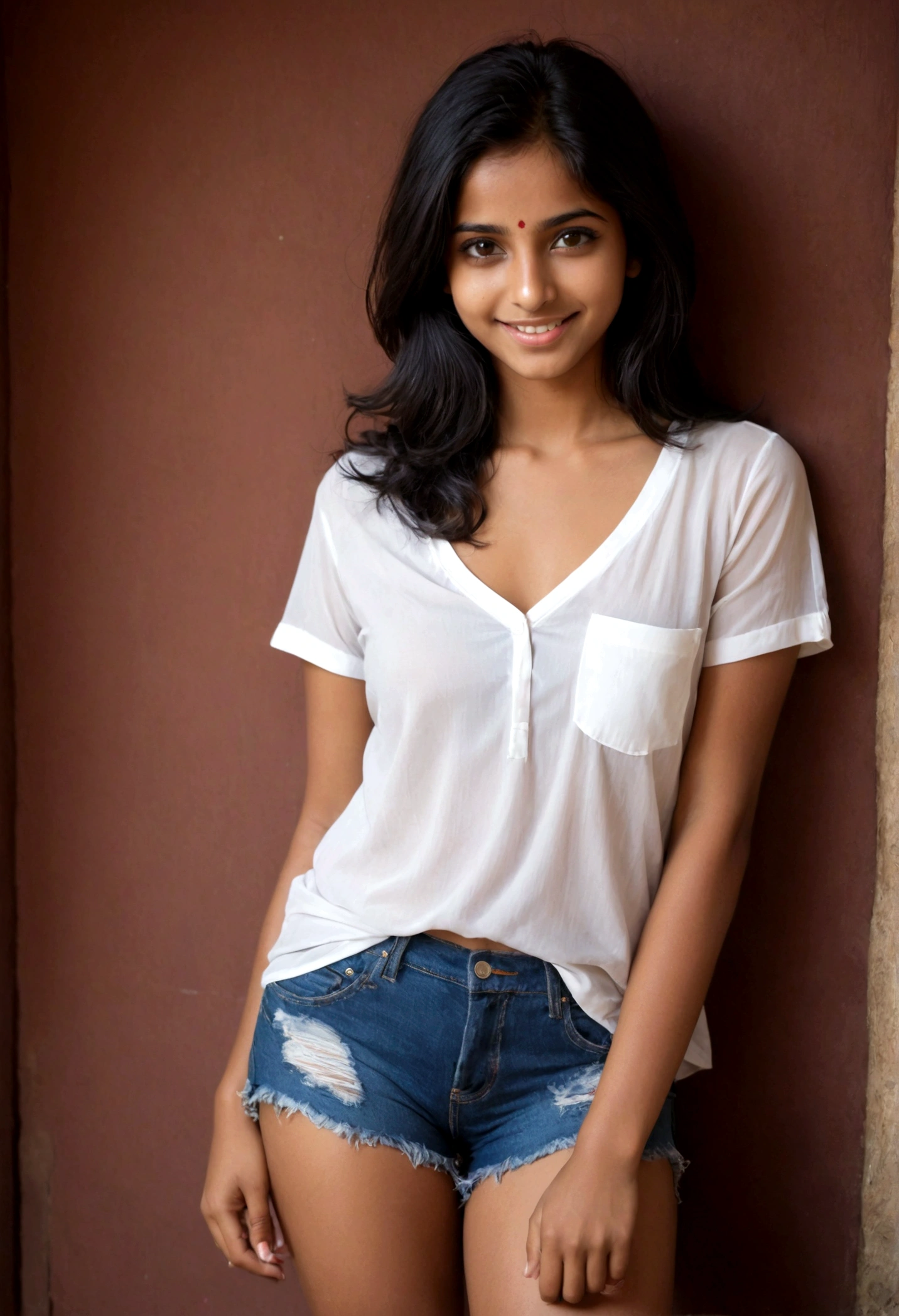 an award winning photo of a beautiful indian muslim girl, (foto tamanho passaporte), 19 anos de idade, pele marrom (com lindos olhos negros), redondo (not so perfect face), (Camiseta com decote em V na cor branca), (tiny shorts), (provocante), messy black hair, cabelos claros e curtos, messy, cheerful and shy smile, perfect medium breasts, translucent shirt), na sala, Rosto e corpo detalhados, fotografia premiada