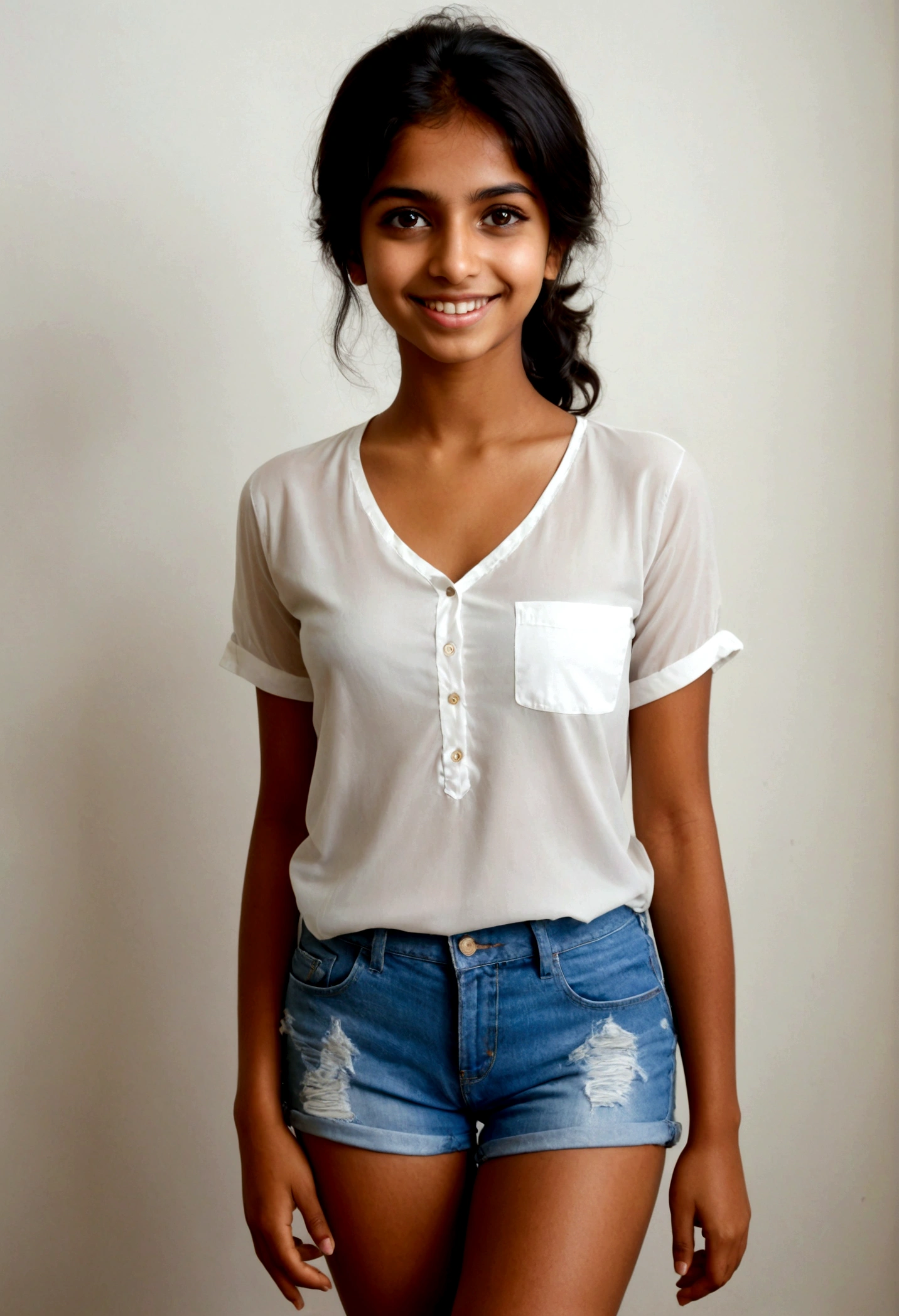 an award winning photo of a beautiful indian muslim girl, (foto tamanho passaporte), 19 anos de idade, pele marrom (com lindos olhos negros), redondo (not so perfect face), (Camiseta com decote em V na cor branca), (tiny shorts), (provocante), messy black hair, cabelos claros e curtos, messy, cheerful and shy smile, perfect medium breasts, translucent shirt), na sala, Rosto e corpo detalhados, fotografia premiada