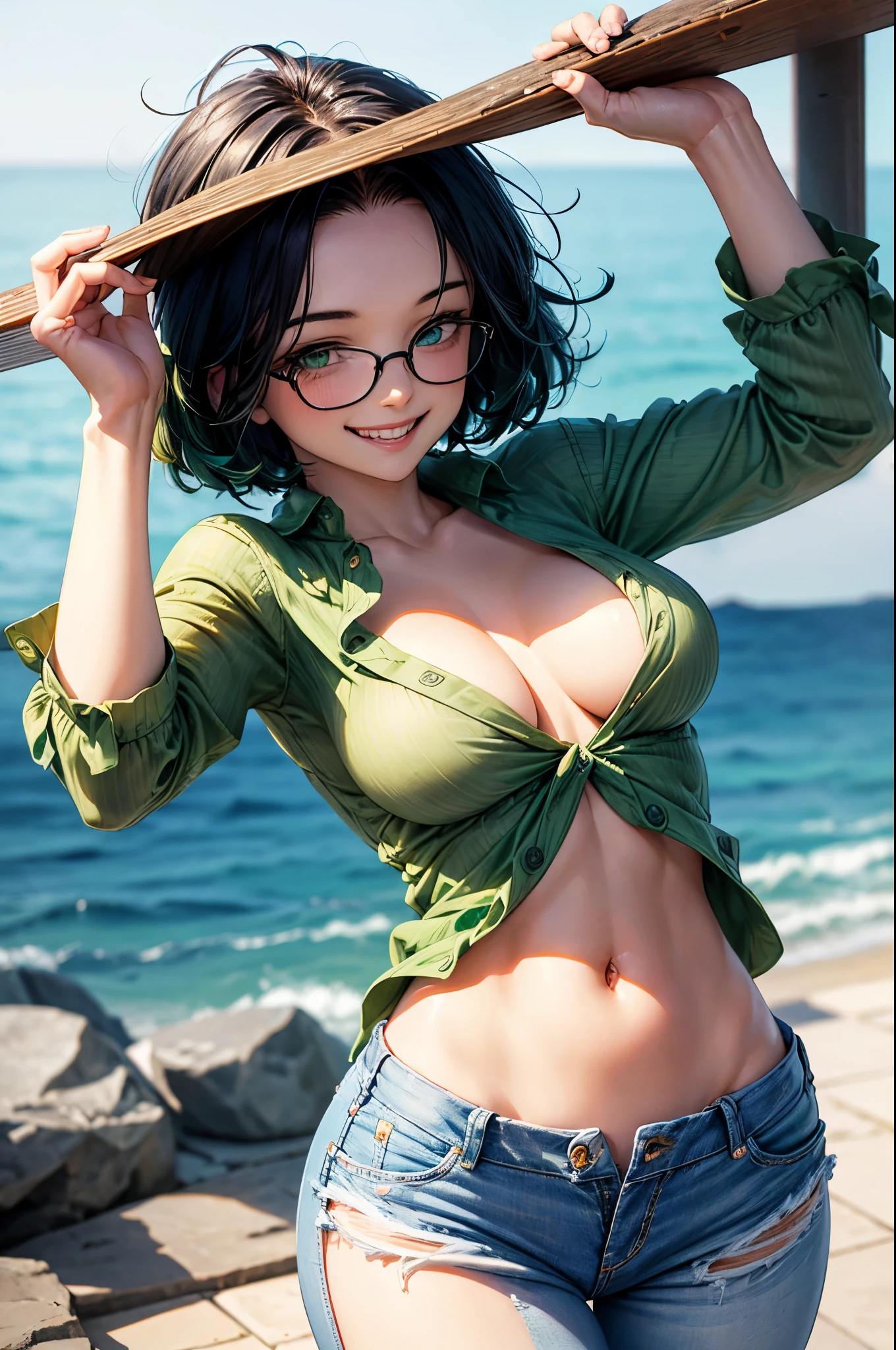 Masterpiece, best quality, 1girl, solo, 23 years old, adult, teal and green hair, messy hair, asymmetrical hair, very short hair, aqua eyes, medium breasts,  toned, 167cm, pale skin, glasses, grin, olive green shirt, jeans, midriff peek, jenya.d