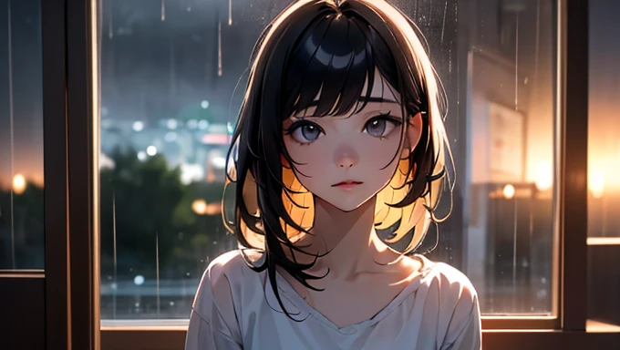 Beautiful woman, Realistic, masterpiece, Detailed, 4K,Detailed light, Rainy nights、Listening to skaLOFI music in my room、Looking out the window。In a fantastic space woven with the sound of rain and music、My heart is calming down。