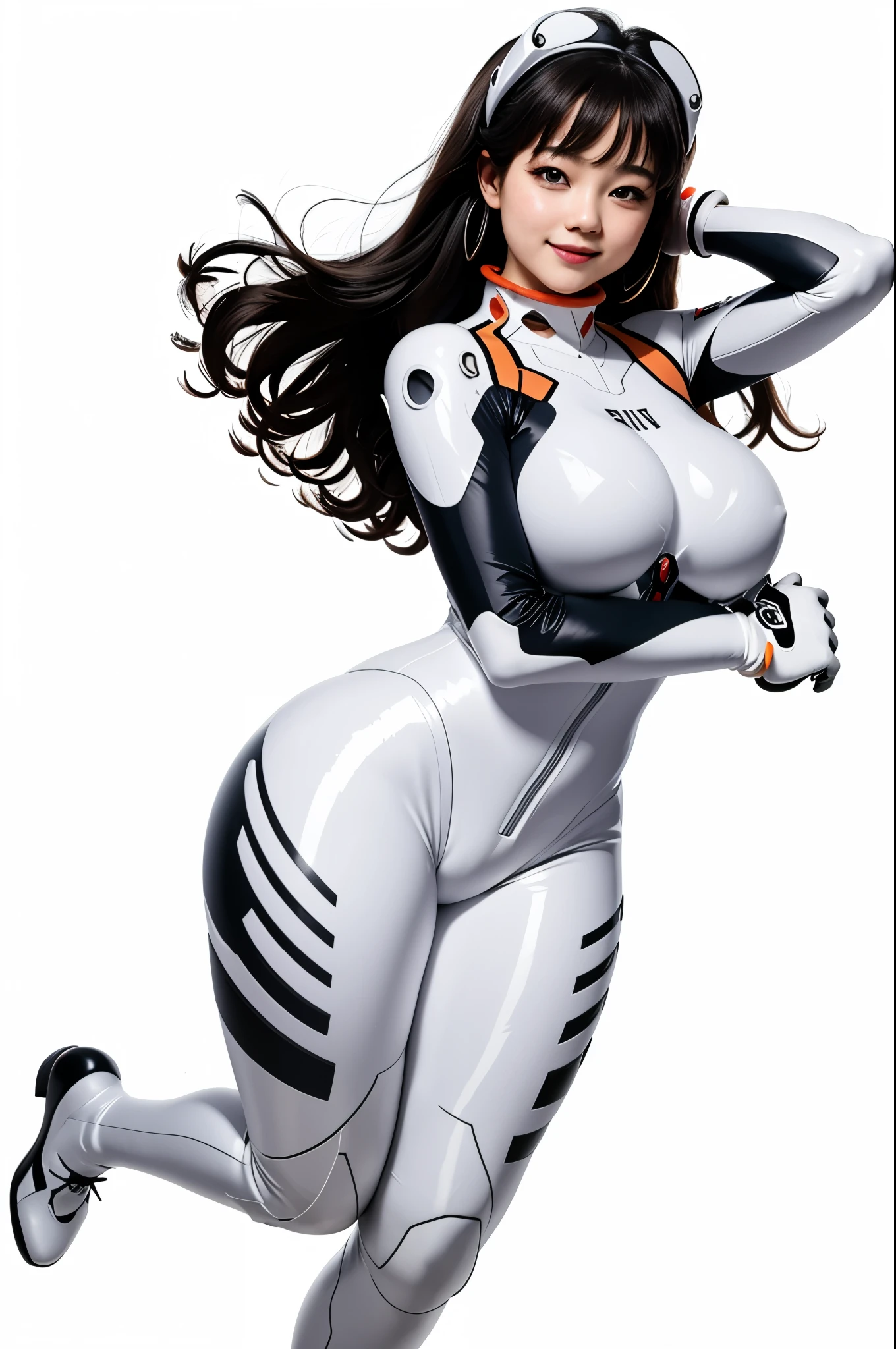 ((Masterpiece, best quality, edgQuality)) smiling, solo, thicc girl posing for a picture, arms along body,((simple white background)) edgPlugsuit, big breasts, full body, skin tight, wearing edgPlugsuit bodysuit