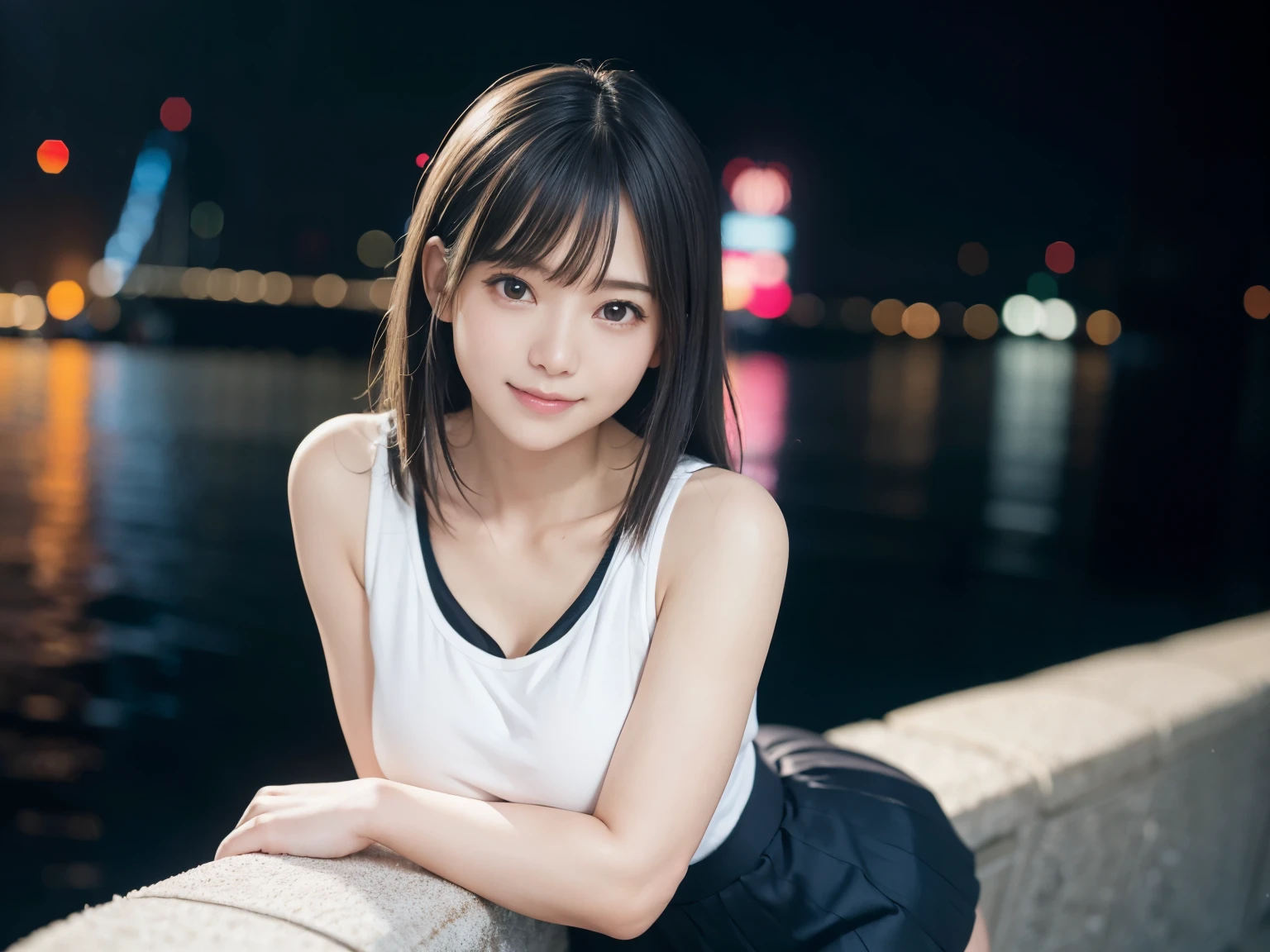 (Realistic: 1.4), (highest quality: 1.4), Ultra-high resolution, (fine grain),Full Body Shot,((Pose for gravure photography)),1. High school girl、Short princess cut、(Straight bangs)、,1 girl, Tokyo, night, Cityscape, City lights, Tank top,Black pleated skirt, smile, (8k, RAW Photos, highest quality, masterpiece: 1.2), (Genuine, photoGenuine: 1.37),smile,Idol,