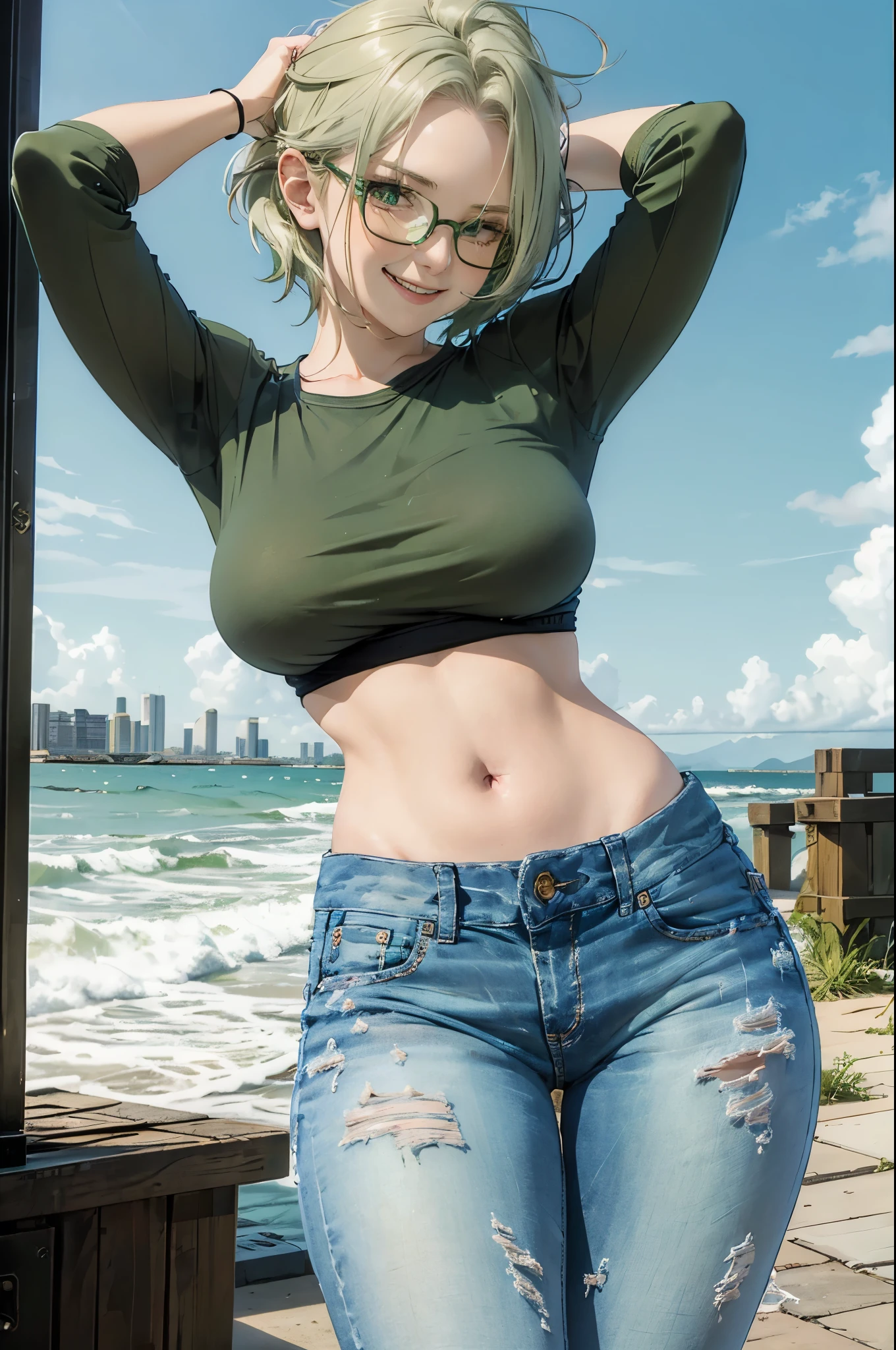 Masterpiece, best quality, 1girl, solo, 23 years old, adult, teal and green hair, messy hair, asymmetrical hair, very short hair, aqua eyes, medium breasts,  toned, 167cm, pale skin, glasses, grin, olive green shirt, jeans, midriff peek, liz.ashley 