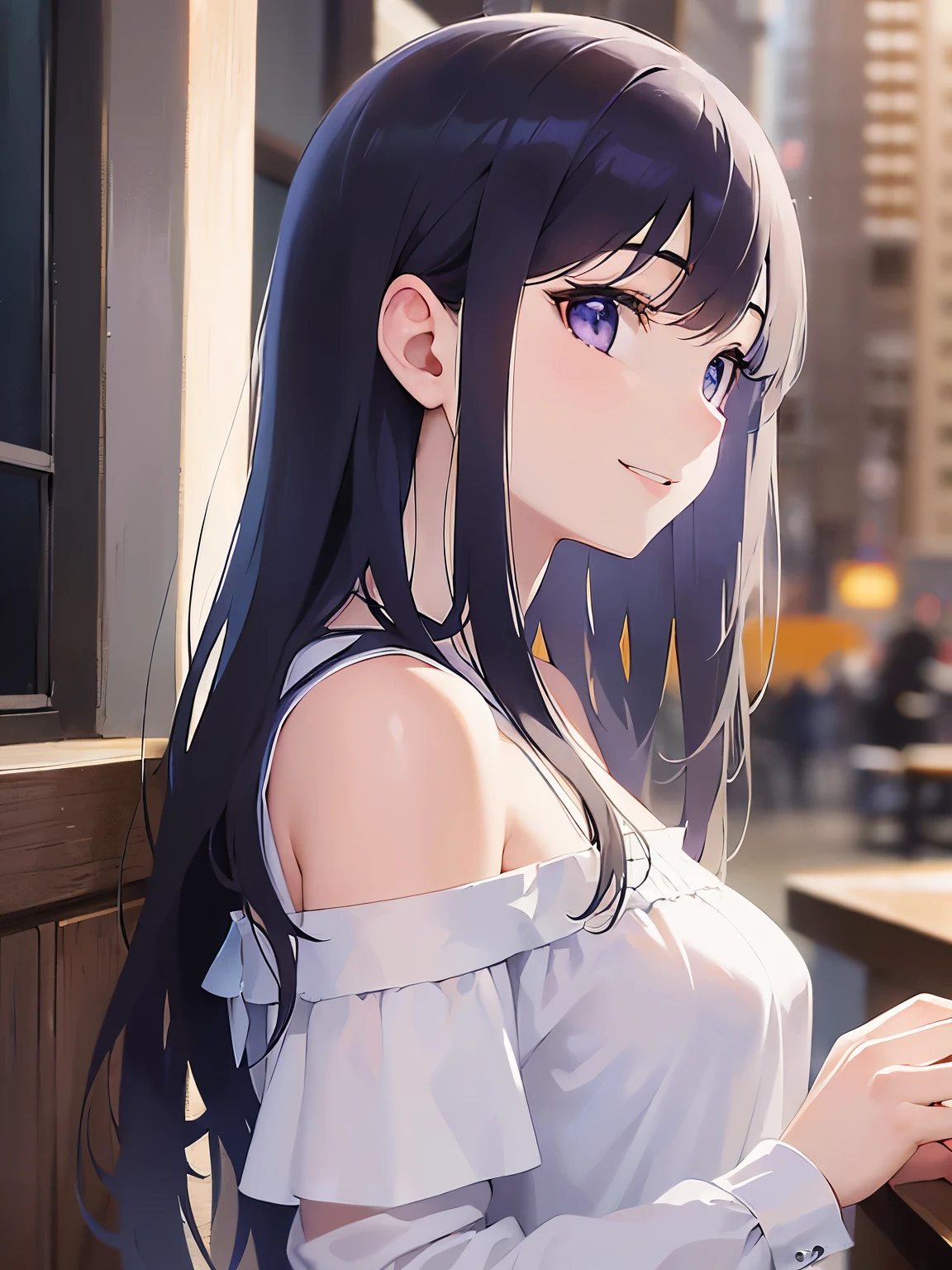 Detailed CG, Ultra-fine illustrations,masterpiece,highest quality, AW Photos,Realistic,Upper Body,BREAK(White Off Shoulder Blouse:1.5)BREAK,(Pale skin:1.2),Shiny skin Shiny Hair,(A 26-year-old woman with straight hair and bangs)and(Medium Hair)and(Black Hair)and(Purple eyes),side angle,(looking away:1.5),(profile:1.5),(smile:1.5)and(Open mouth),(interlocked fingers),(Biologically correct5Fingesurprised)and(missing fingers),The background is inside a coffee shop