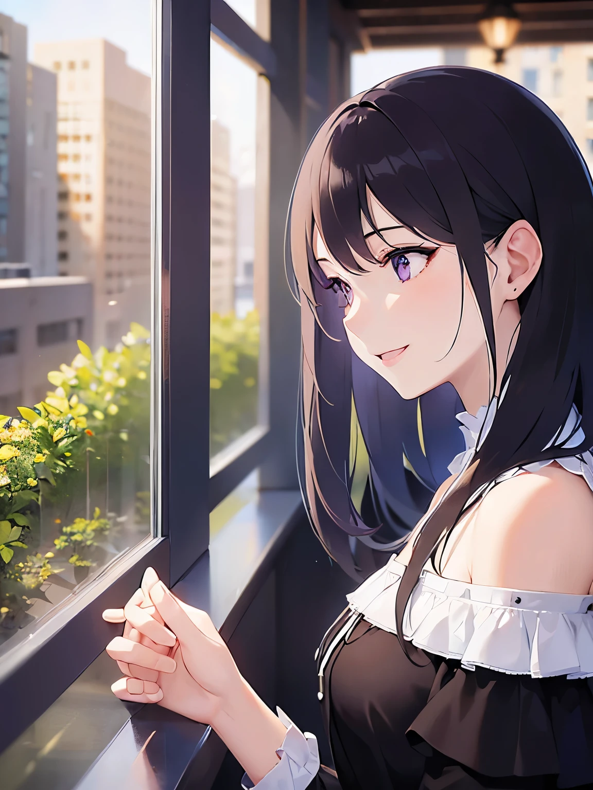 Detailed CG, Ultra-fine illustrations,masterpiece,highest quality, AW Photos,Realistic,Upper Body,BREAK(White Off Shoulder Blouse:1.5)BREAK, (Pale skin:1.2),Shiny skin Shiny Hair,(A 26-year-old woman with straight hair and bangs)and(Medium Hair)and(Black Hair)and(Purple eyes),side angle,(looking away:1.5),(profile:1.5),(smile:1.5)and(Open mouth),(interlocked fingers),(Biologically correct5Fingesurprised)and(missing fingers),The background is inside a coffee shop