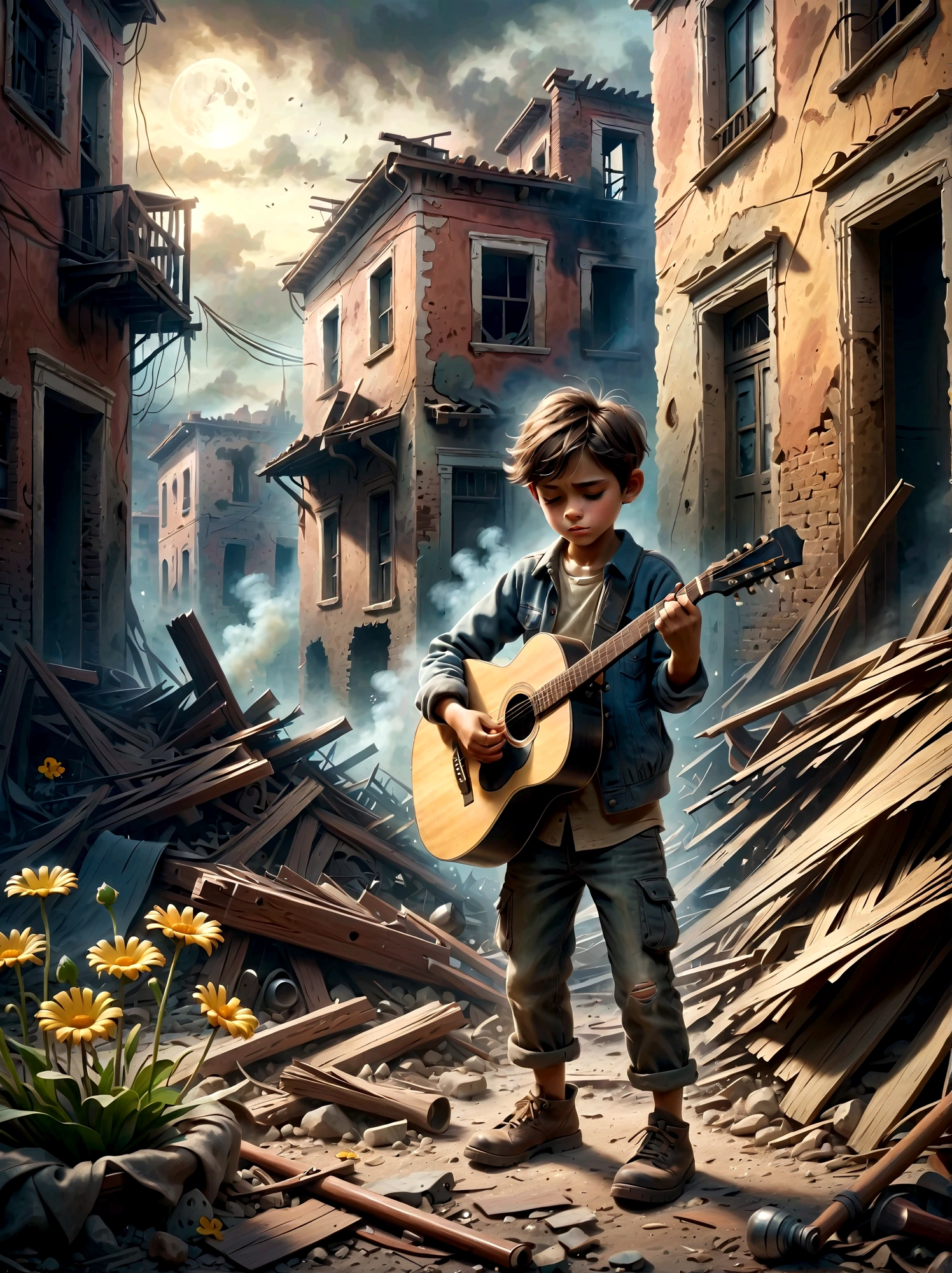 In the midst of a war-torn, smoky ruin, a  child is playing a guitar, (A tenacious little flower grows at the child&#39;s feet), The scene captures the stark contrast between the devastation of the surroundings and the innocence of the child. The ruins are filled with debris and remnants of buildings, with smoke and fire in the background. The child's expression is somber, reflecting the harsh reality of the situation. The overall mood is poignant and emotional, with muted colors and dramatic lighting to emphasize the desolation and the glimmer of hope represented by the music.